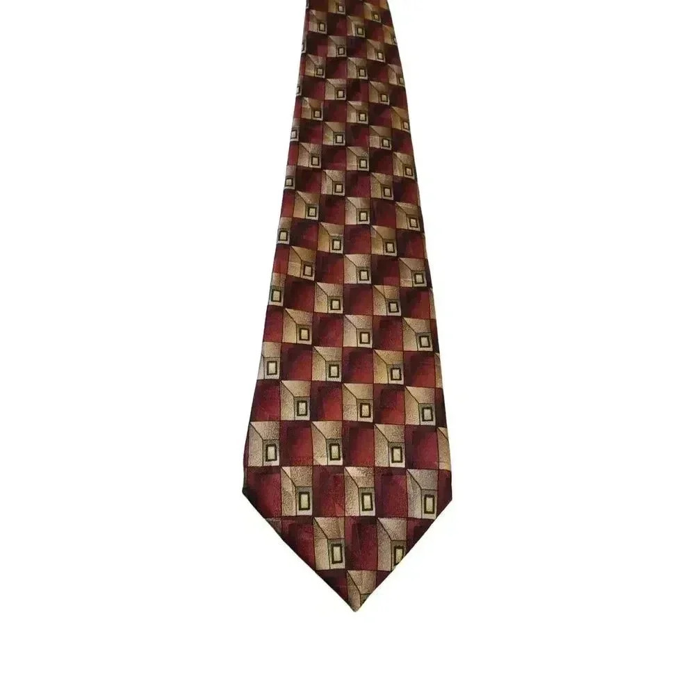 Taylor & Henry Mens Tie Necktie Red Tan Geometric Design Excellent Condition
